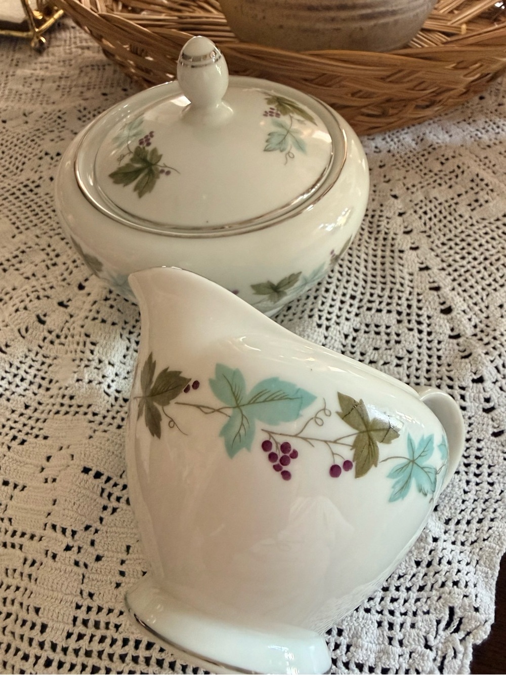 Vintage Fine China of Japan Grapevine Sugar Bowl & Creamer Set 6701 Platinum